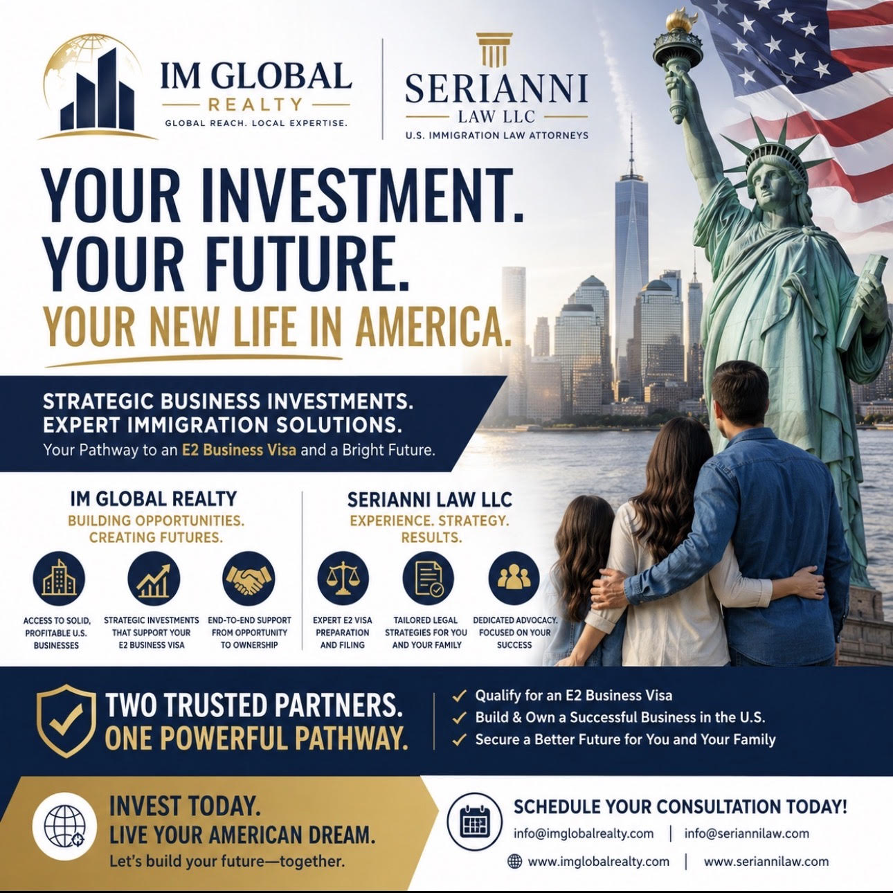 IM Global Realty and Serianni Law LLC advertisement for E-2 business visa investment opportunities